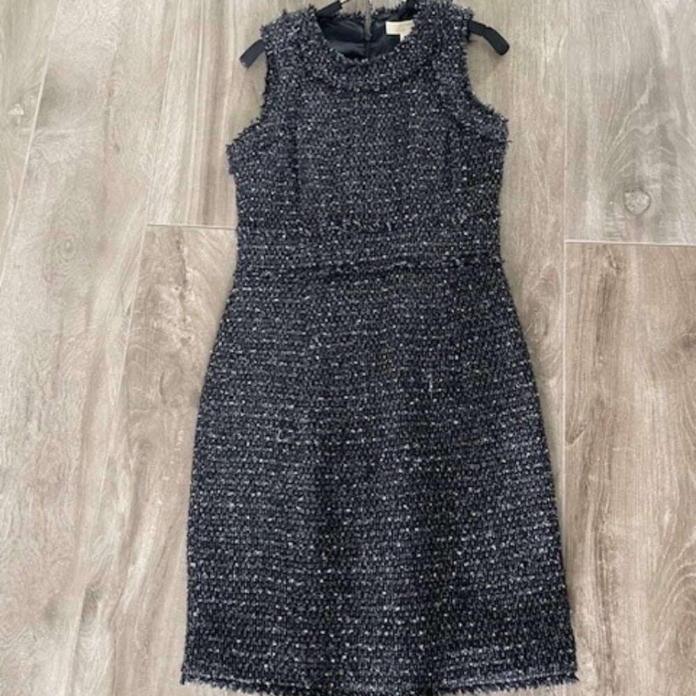 Michael Kors Black White Tweed Fringe Trim Sleeveless Sheath Dress Size 4